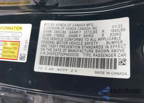 2023 Honda Civic Sport from USA, damaged, VIN 2HGFE2F52PH520038